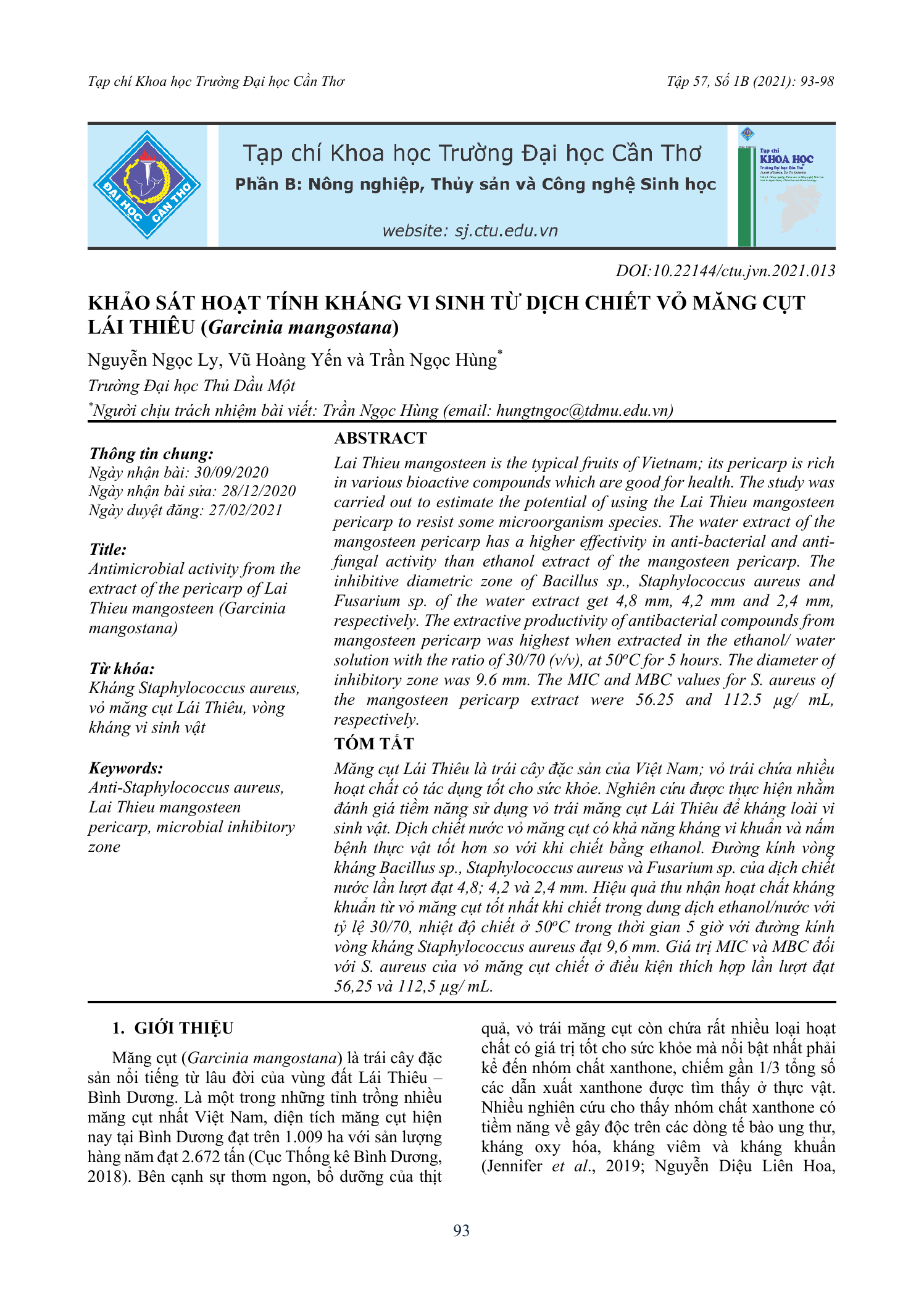 Khảo sát hoạt tính kháng vi sinh từ dịch chiết vỏ măng cụt Lái Thiêu (Garcinia mangostana)