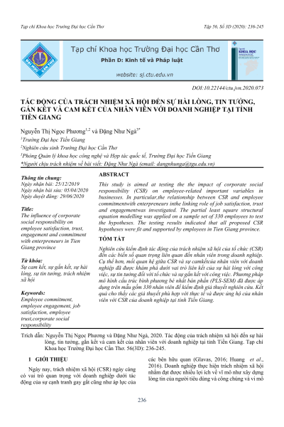 Tác động của trách nhiệm xã hội đến sự hài lòng, tin tưởng, gắn kết và cam kết của nhân viên với doanh nghiệp tại tỉnh Tiền Giang