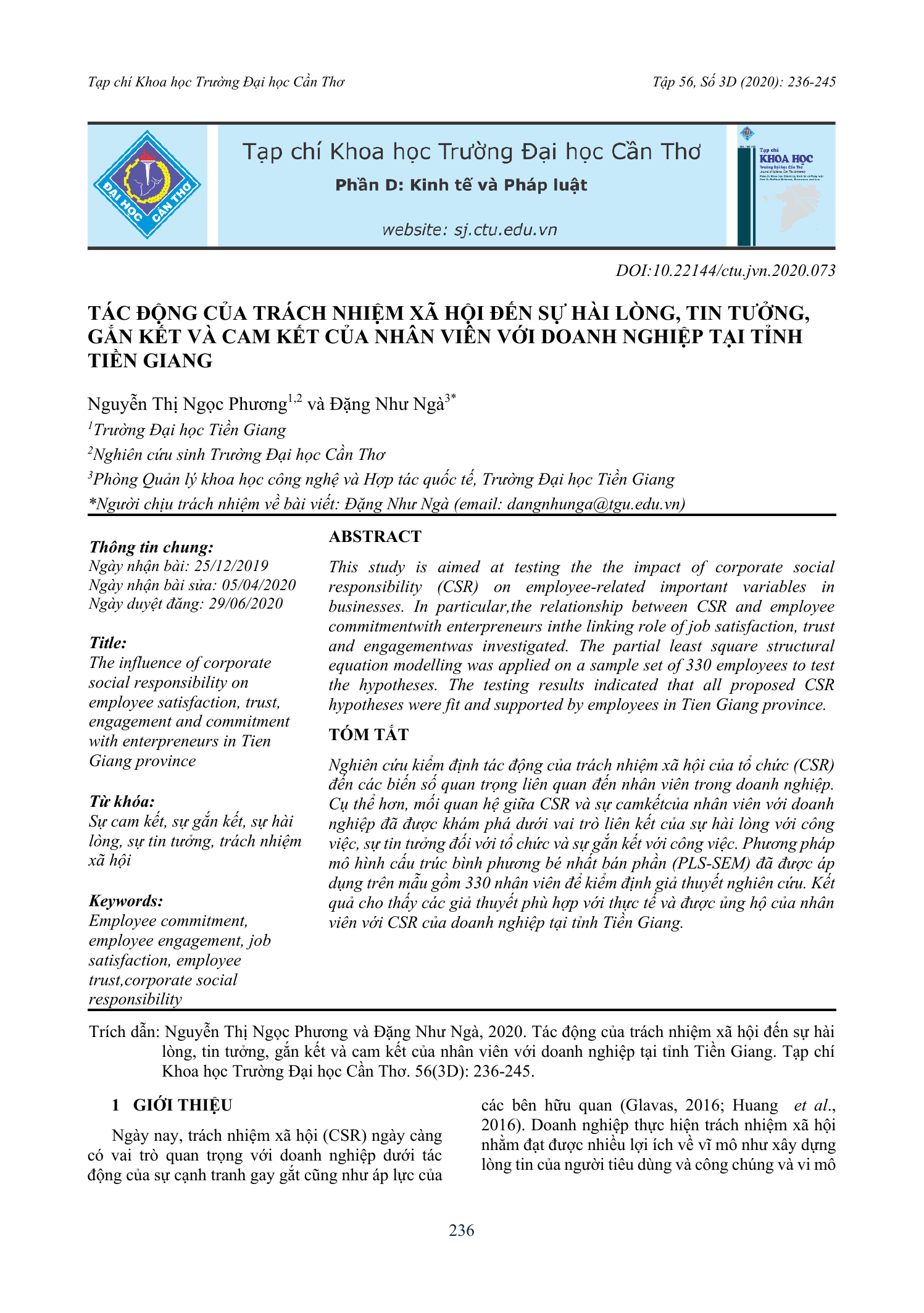 Tác động của trách nhiệm xã hội đến sự hài lòng, tin tưởng, gắn kết và cam kết của nhân viên với doanh nghiệp tại tỉnh Tiền Giang