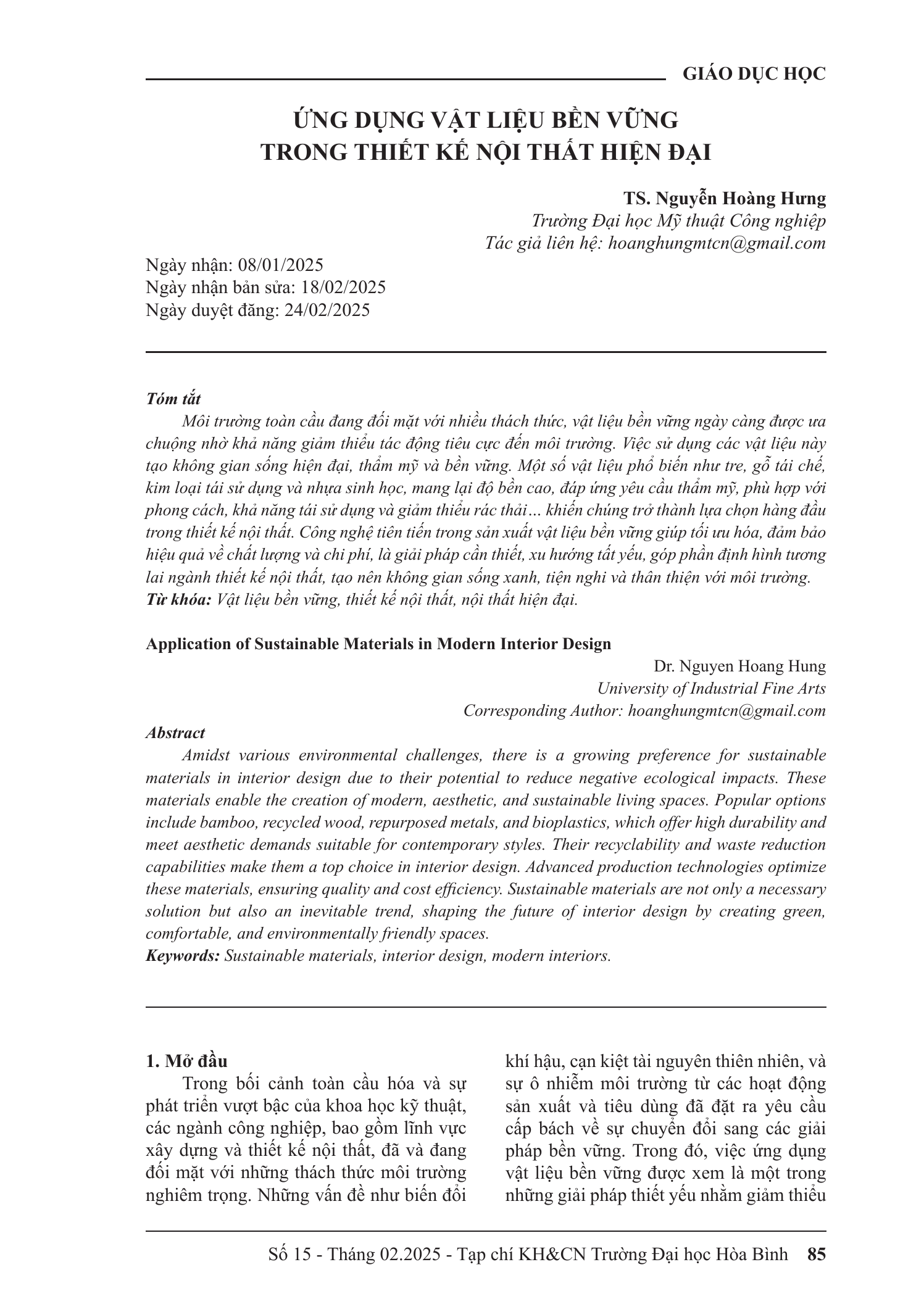 Ứng dụng vật liệu bền vững trong thiết kế nội thất hiện đại