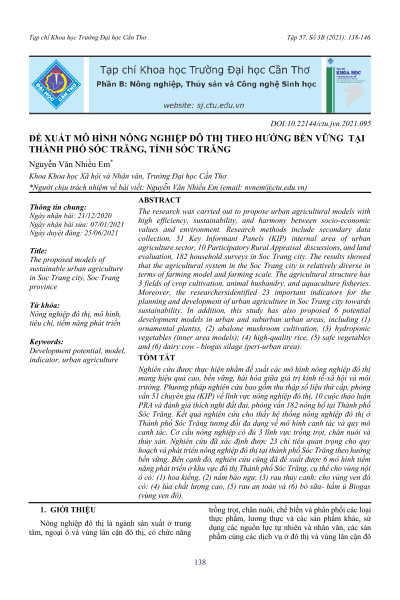 Đề xuất mô hình nông nghiệp đô thị theo hướng bền vững tại thành phố Sóc Trăng, tỉnh Sóc Trăng