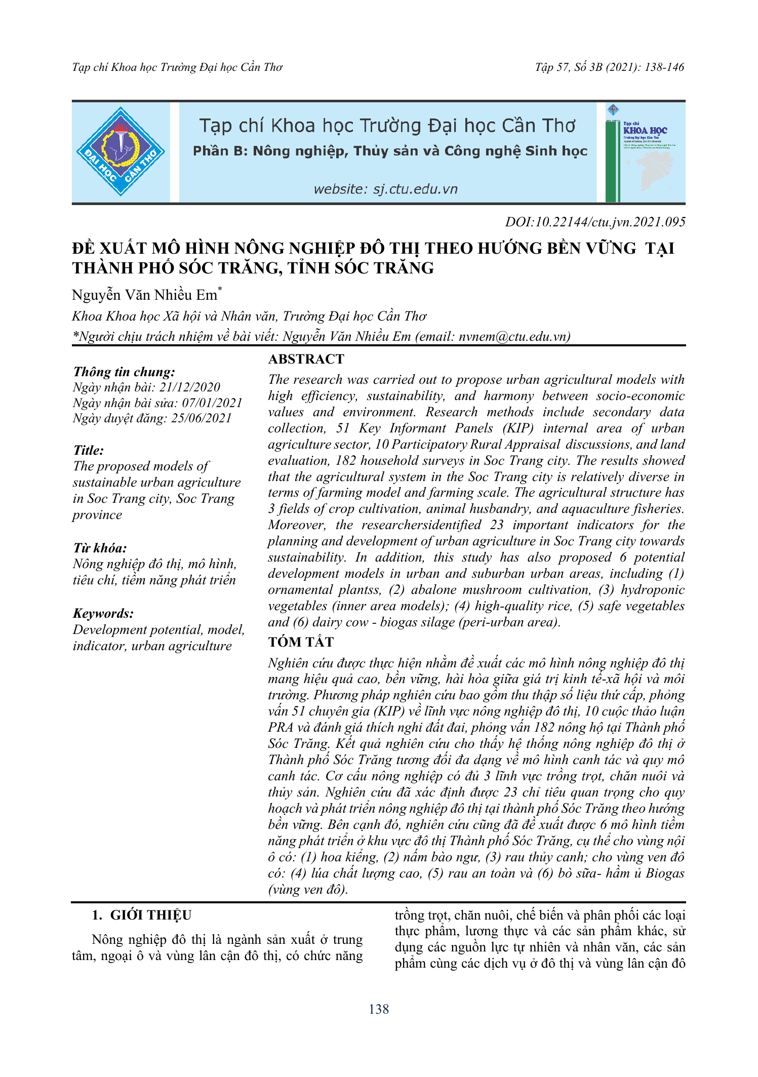 Đề xuất mô hình nông nghiệp đô thị theo hướng bền vững tại thành phố Sóc Trăng, tỉnh Sóc Trăng