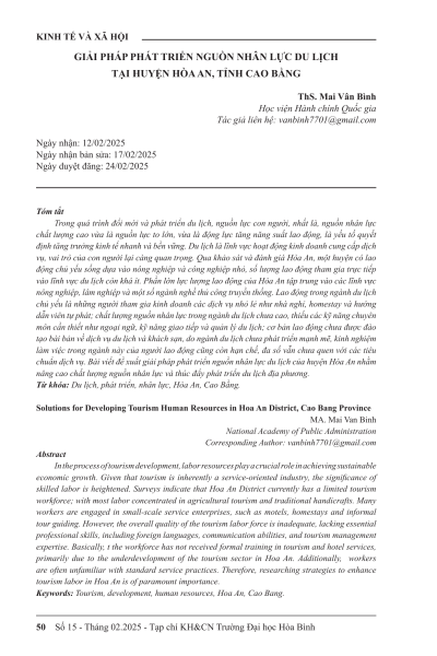 Giải pháp phát triển nguồn nhân lực du lịch tại huyện Hòa An, tỉnh Cao Bằng