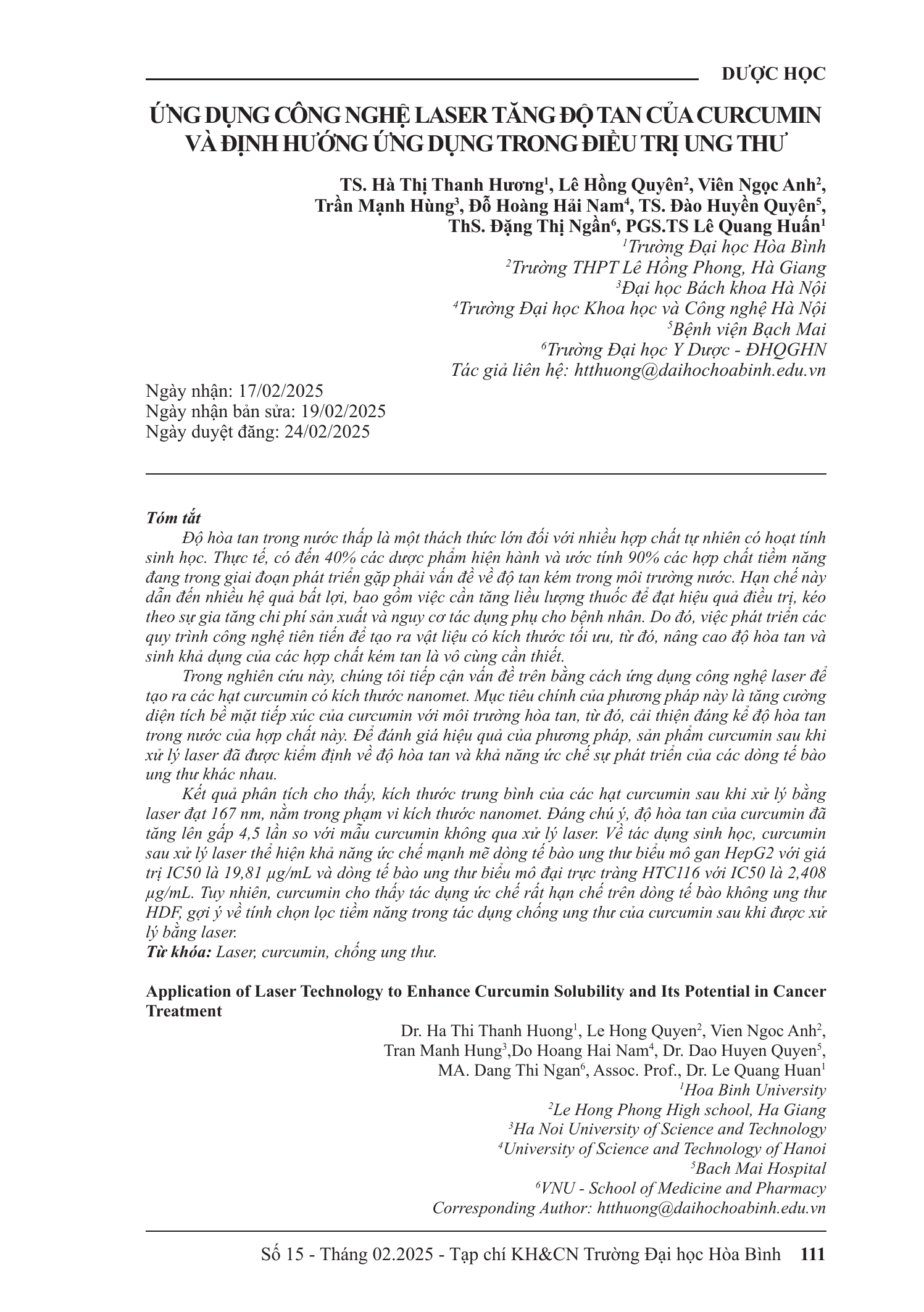 Ứng dụng công nghệ laser tăng độ tan của curcumin và định hướng ứng dụng trong điều trị ung thư