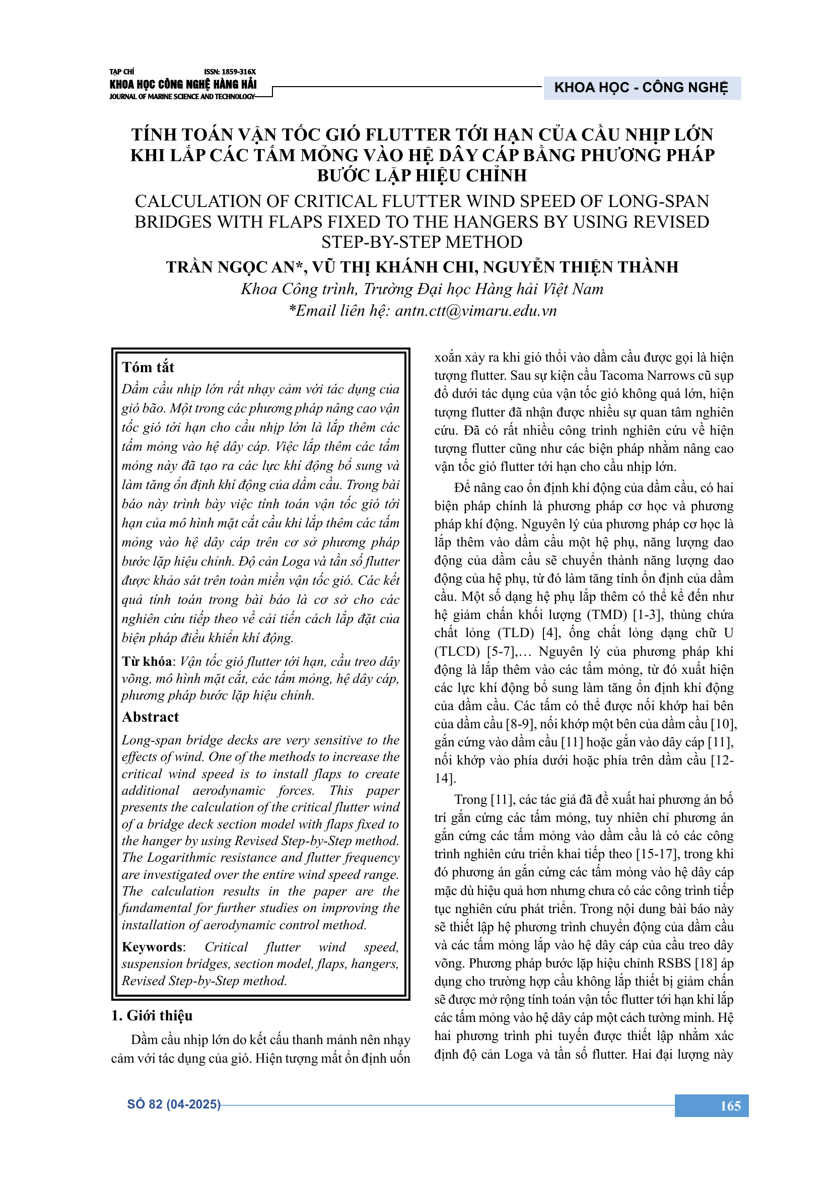 Tính toán vận tốc gió flutter tới hạn của cầu nhịp lớn khi lắp các tấm mỏng vào hệ dây cáp bằng phương pháp bước lặp hiệu chỉnh
