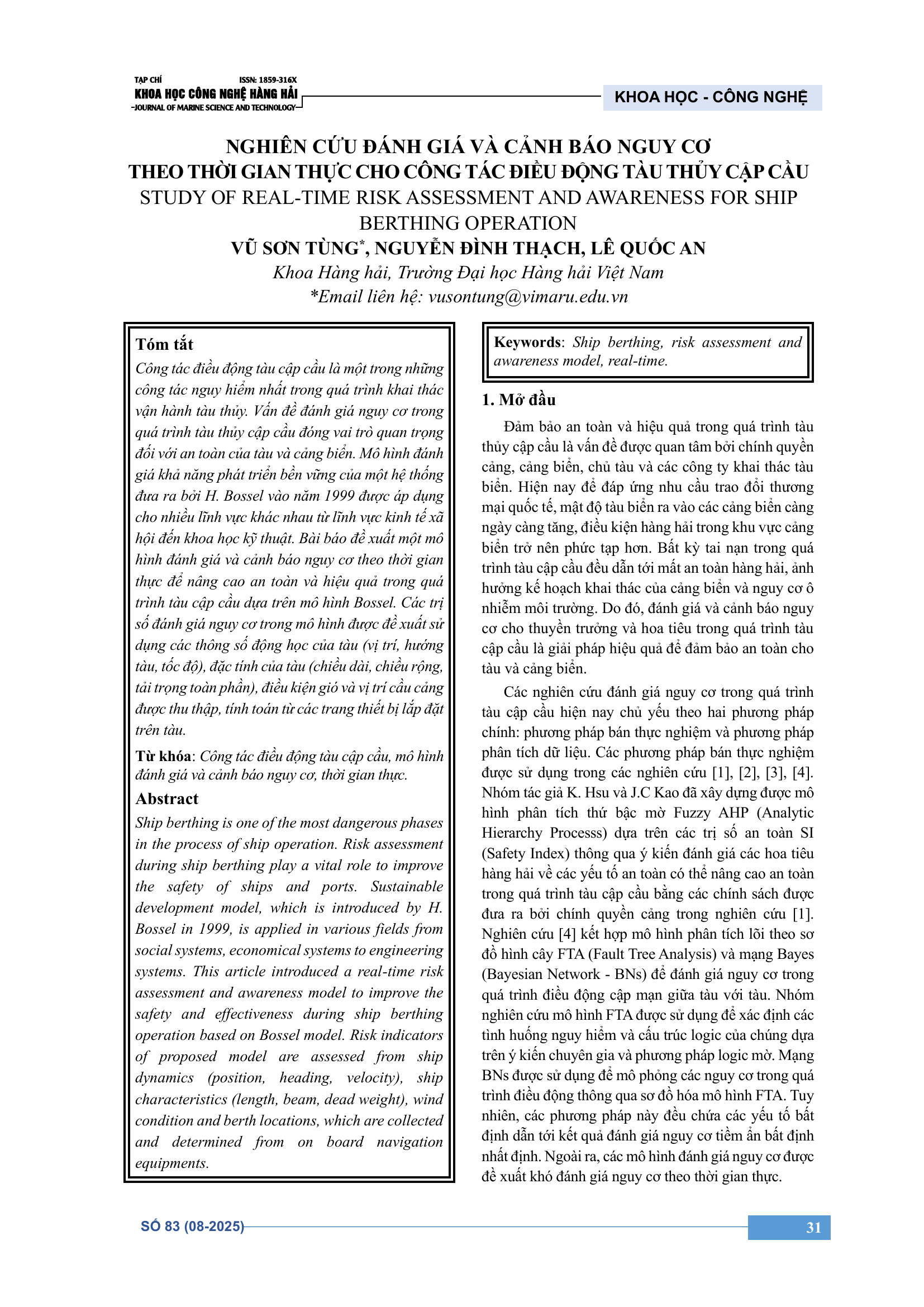 Nghiên cứu đánh giá và cảnh báo nguy cơ theo thời gian thực cho công tác điều động tàu thủy cập cầu