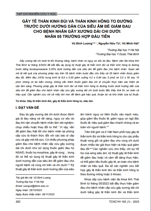 Gây tê thần kinh đùi và thần kinh hông to đường trước dưới hướng dẫn của siêu âm để giảm đau cho bệnh nhân gãy xương dài chi dưới: Nhân 05 trường hợp đầu tiên