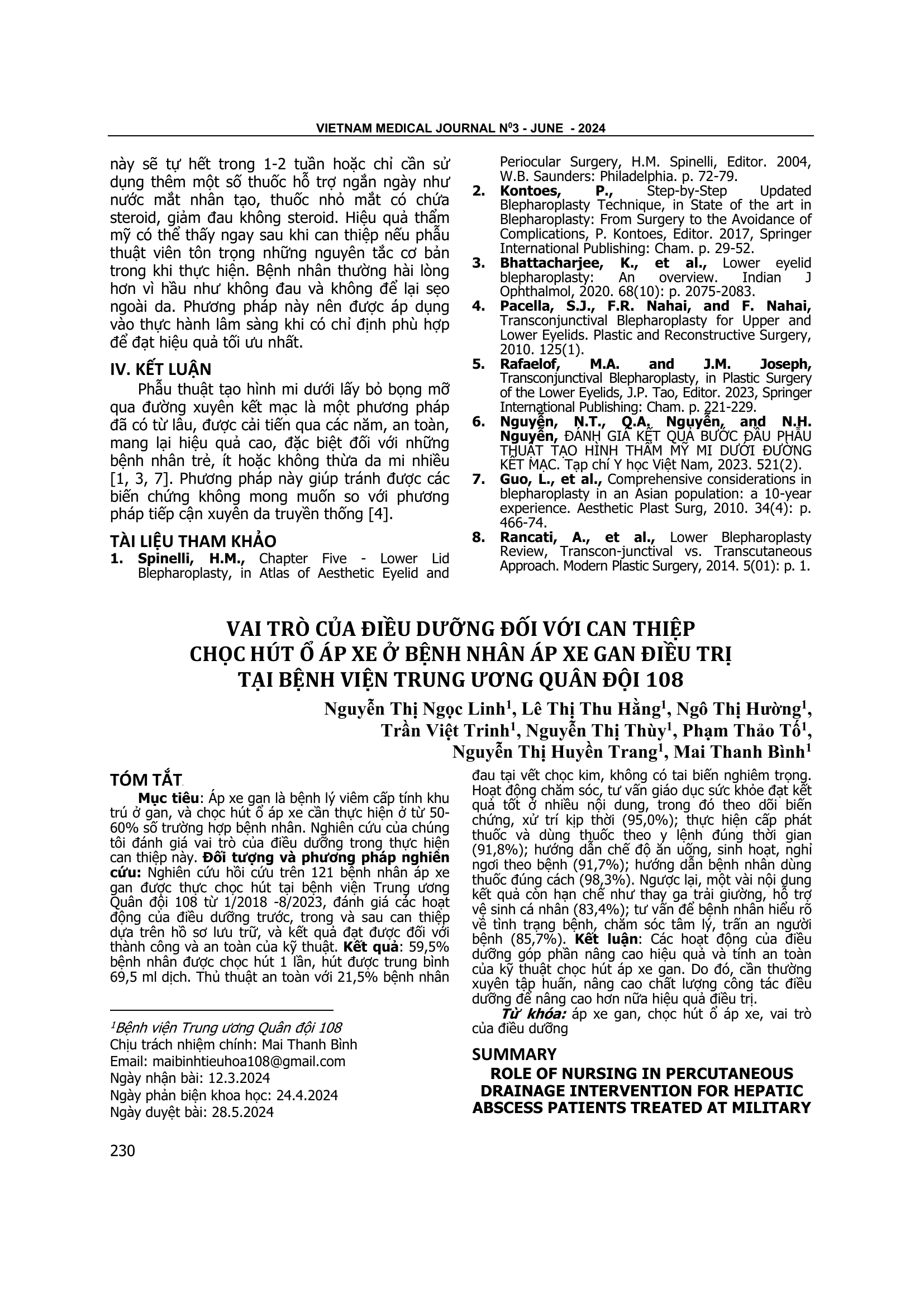 Vai trò của điều dưỡng đối với can thiệp chọc hút ổ áp xe ở bệnh nhân áp xe gan điều trị tại Bệnh viện Trung ương Quân đội 108