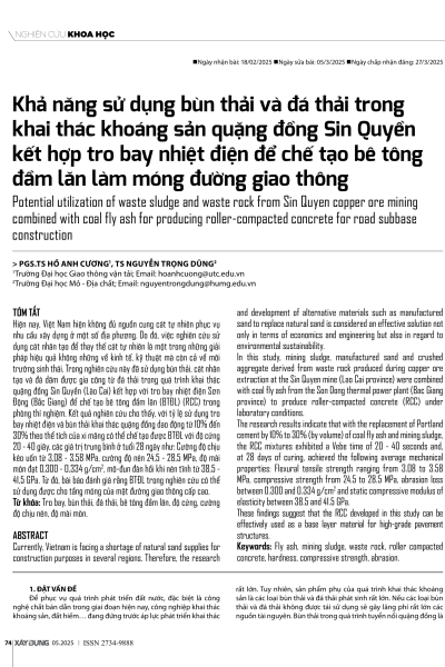 Khả năng sử dụng bùn thải và đá thải trong khai thác khoáng sản quặng đồng Sin Quyền kết hợp tro bay nhiệt điện để chế tạo bê tông đầm lăn làm móng đường giao thông