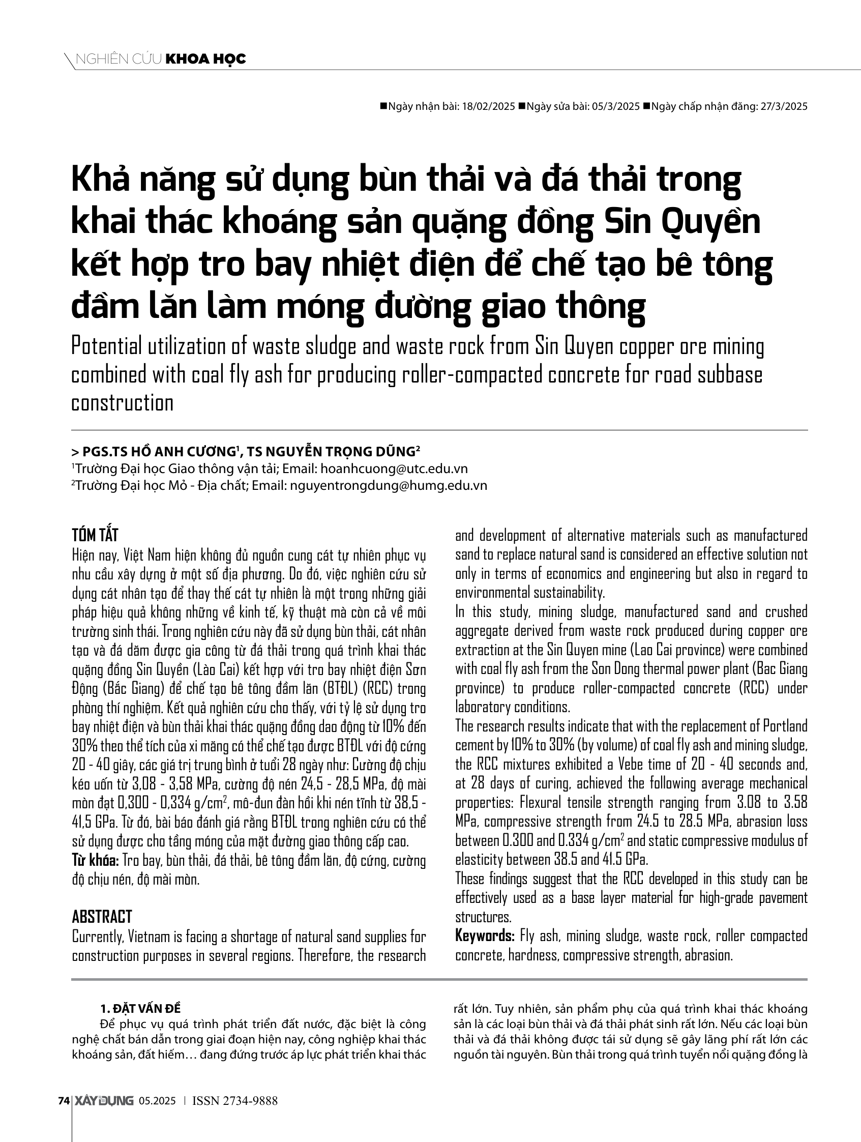 Khả năng sử dụng bùn thải và đá thải trong khai thác khoáng sản quặng đồng Sin Quyền kết hợp tro bay nhiệt điện để chế tạo bê tông đầm lăn làm móng đường giao thông