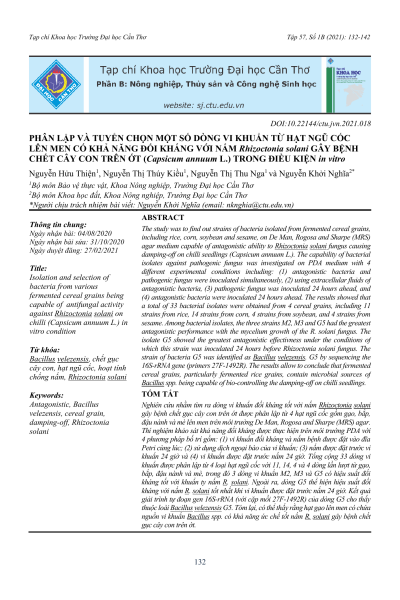 Phân lập và tuyển chọn một số dòng vi khuẩn từ hạt ngũ cốc lên men có khả năng đối kháng với nấm Rhizoctonia solani gây bệnh chết cây con trên ớt (Capsicum annuum L.) trong điều kiện in vitro