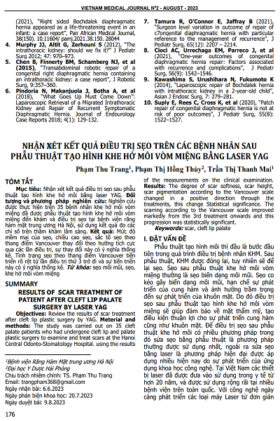 NHẬN XÉT KẾT QUẢ ĐIỀU TRỊ SẸO TRÊN CÁC BỆNH NHÂN SAU PHẪU THUẬT TẠO HÌNH KHE HỞ MÔI VÒM MIỆNG BẰNG LASER YAG