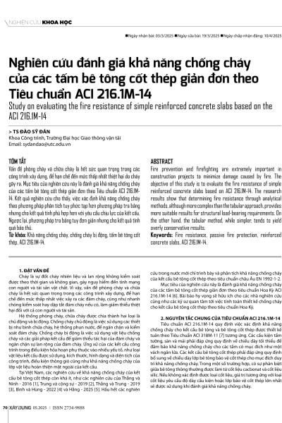 Nghiên cứu đánh giá khả năng chống cháy của các tấm bê tông cốt thép giản đơn theo Tiêu chuẩn ACI 216.1M-14