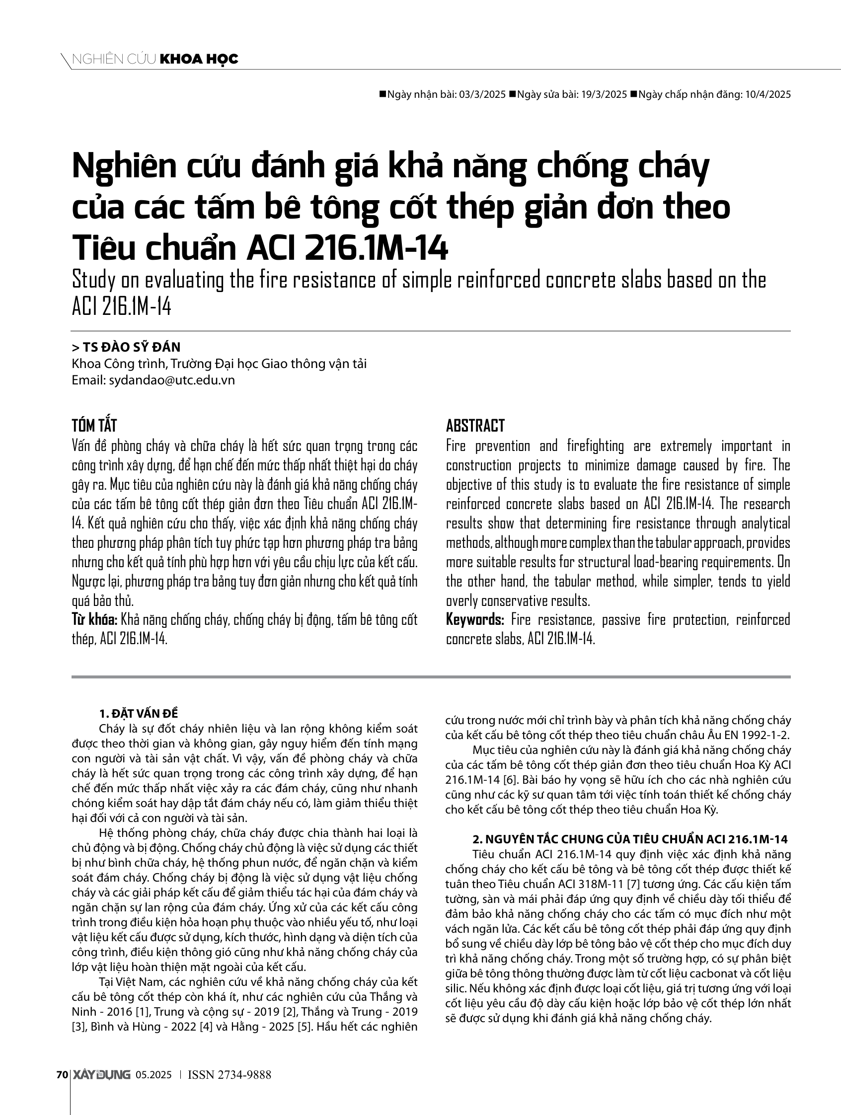 Nghiên cứu đánh giá khả năng chống cháy của các tấm bê tông cốt thép giản đơn theo Tiêu chuẩn ACI 216.1M-14