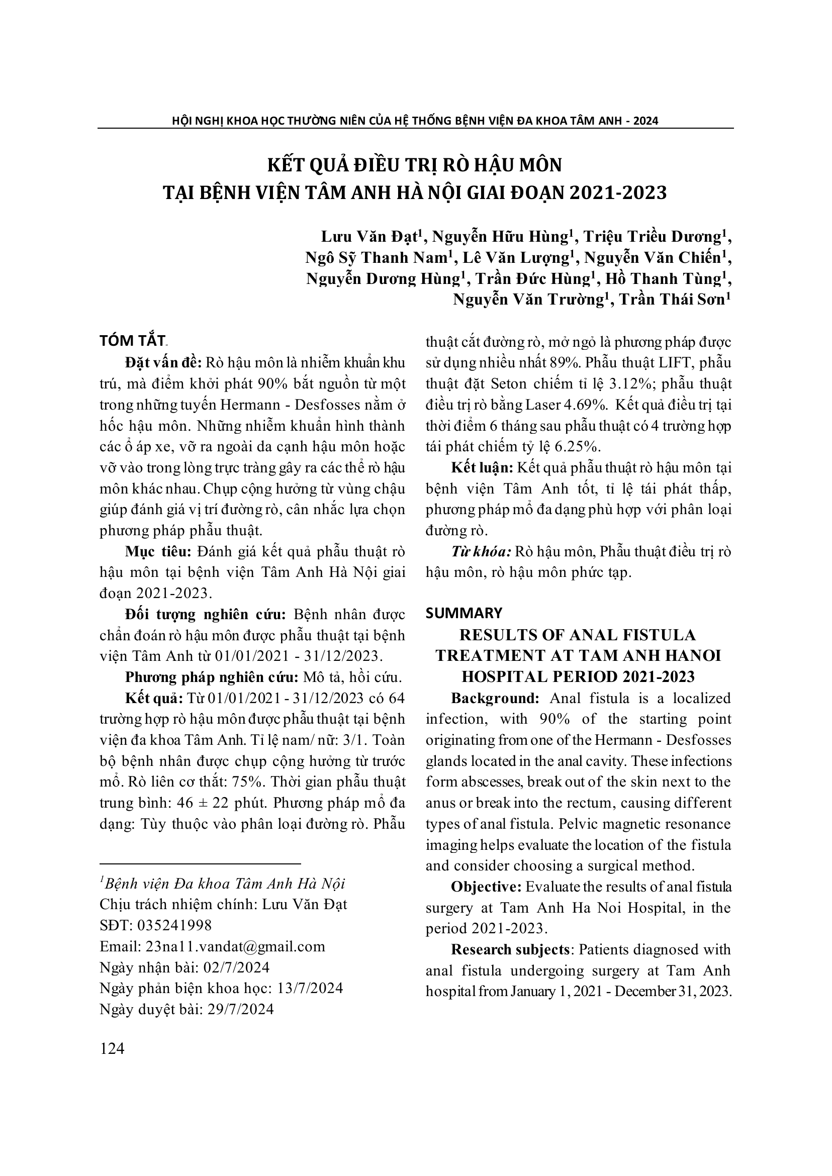 Kết quả điều trị rò hậu môn tại Bệnh viện Tâm Anh Hà Nội giai đoạn 2021-2023