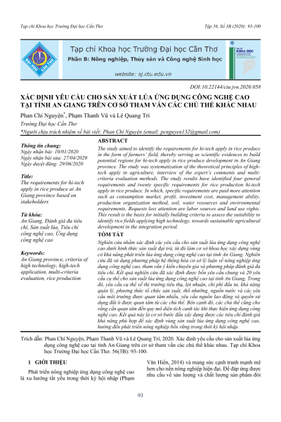 Xác định yêu cầu cho sản xuất lúa ứng dụng công nghệ cao tại tỉnh An Giang trên cơ sở tham vấn các chủ thể khác nhau