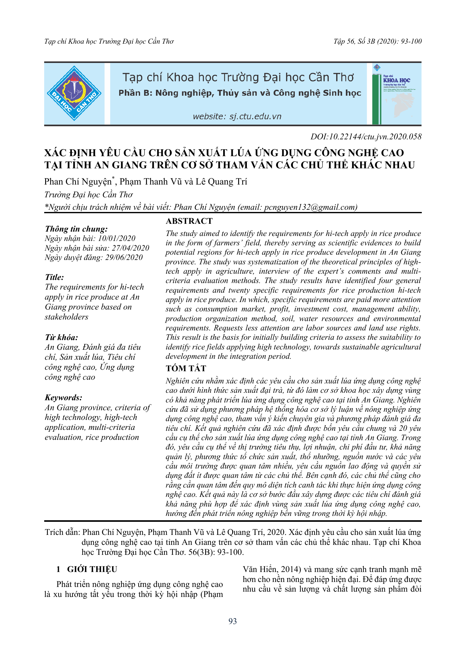 Xác định yêu cầu cho sản xuất lúa ứng dụng công nghệ cao tại tỉnh An Giang trên cơ sở tham vấn các chủ thể khác nhau