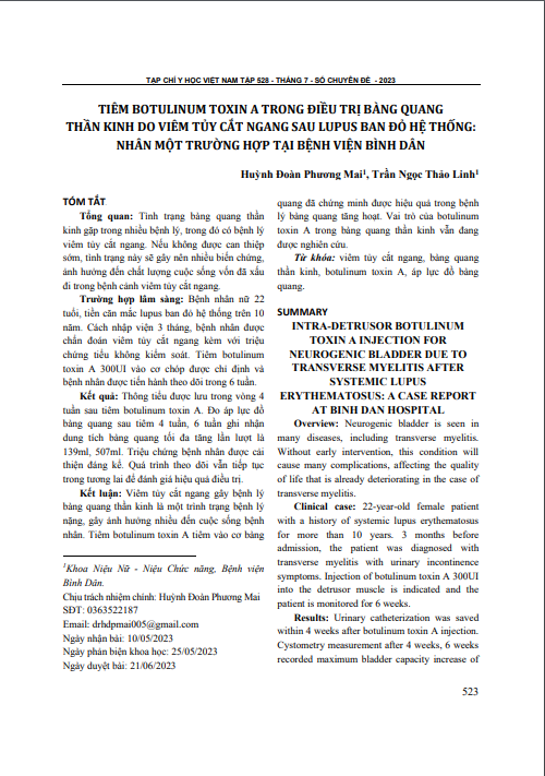 Tiêm botulinum toxin A trong điều trị bàng quang thần kinh do viêm tủy cắt ngang sau lupus ban đỏ hệ thống: Nhân một trường hợp tại Bệnh viện Bình Dân