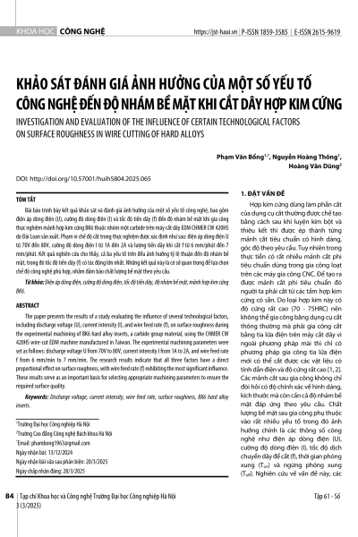 Khảo sát đánh giá ảnh hưởng của một số yếu tố công nghệ đến độ nhám bề mặt khi cắt dây hợp kim cứng