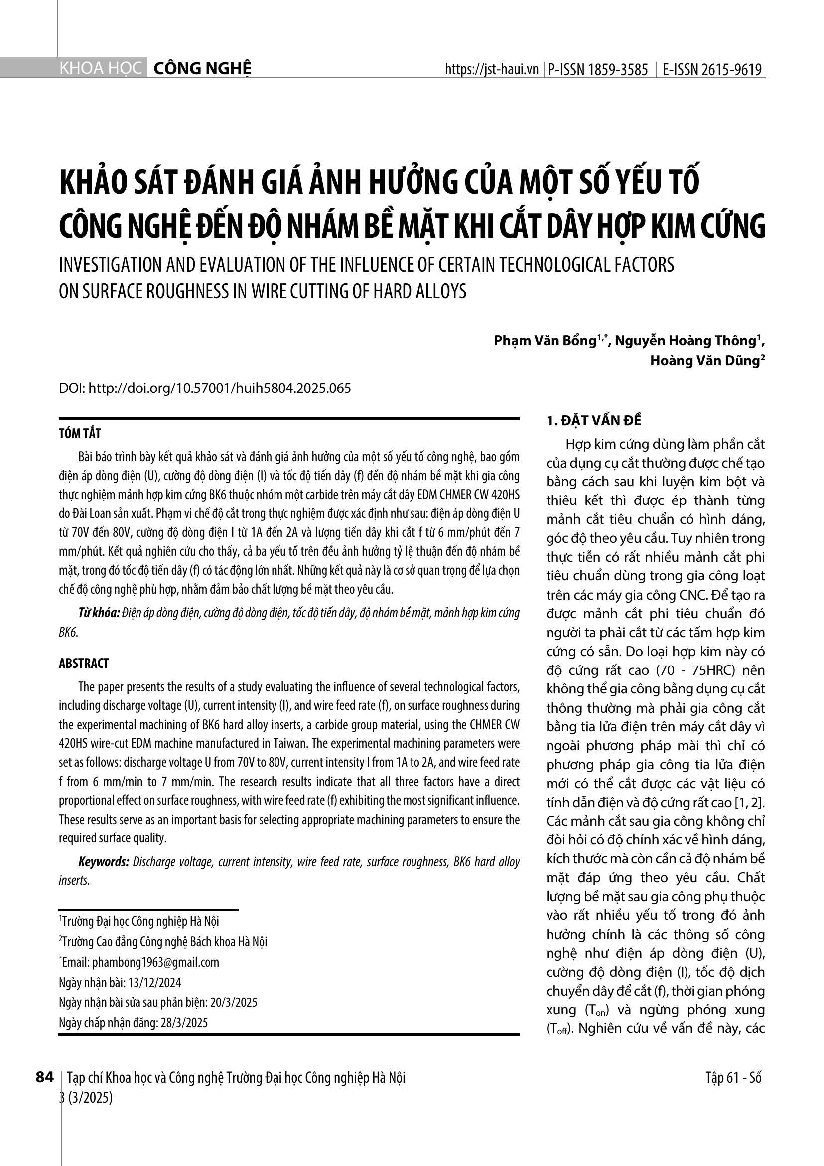 Khảo sát đánh giá ảnh hưởng của một số yếu tố công nghệ đến độ nhám bề mặt khi cắt dây hợp kim cứng