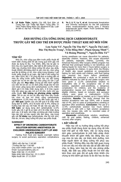 Ảnh hưởng của uống dung dịch carbohydrate trước gây mê cho trẻ em được phẫu thuật khe hở môi vòm