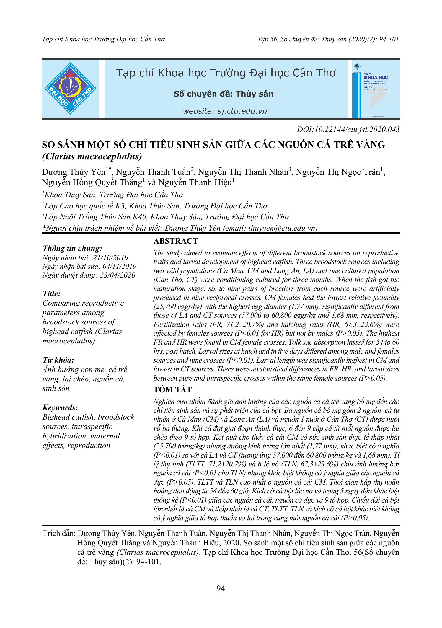 So sánh một số chỉ tiêu sinh sản giữa các nguồn cá trê vàng (Clarias macrocephalus)