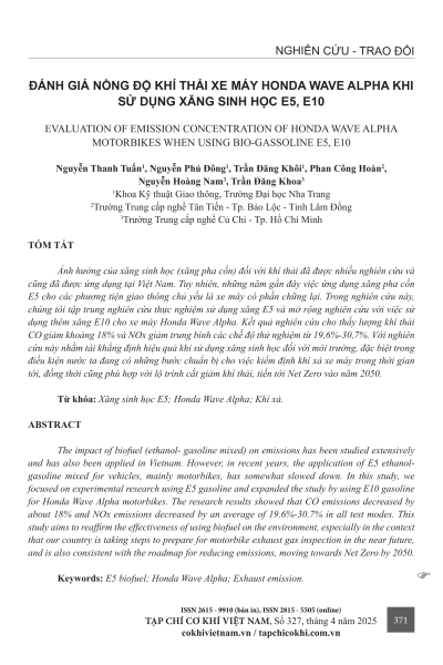 Đánh giá nồng độ khí thải xe máy Honda Wave Alpha khi sử dụng xăng sinh học E5, E10