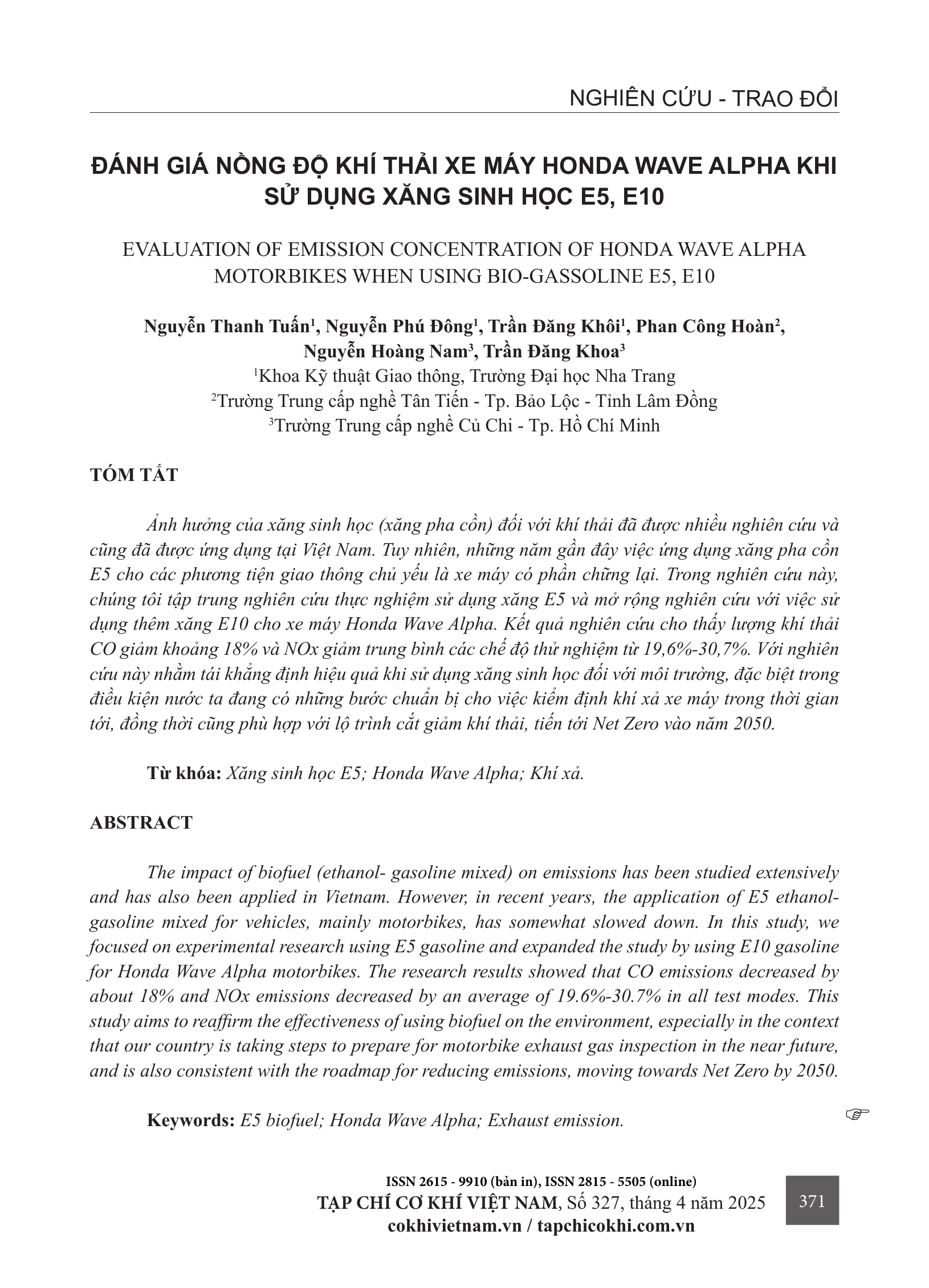 Đánh giá nồng độ khí thải xe máy Honda Wave Alpha khi sử dụng xăng sinh học E5, E10