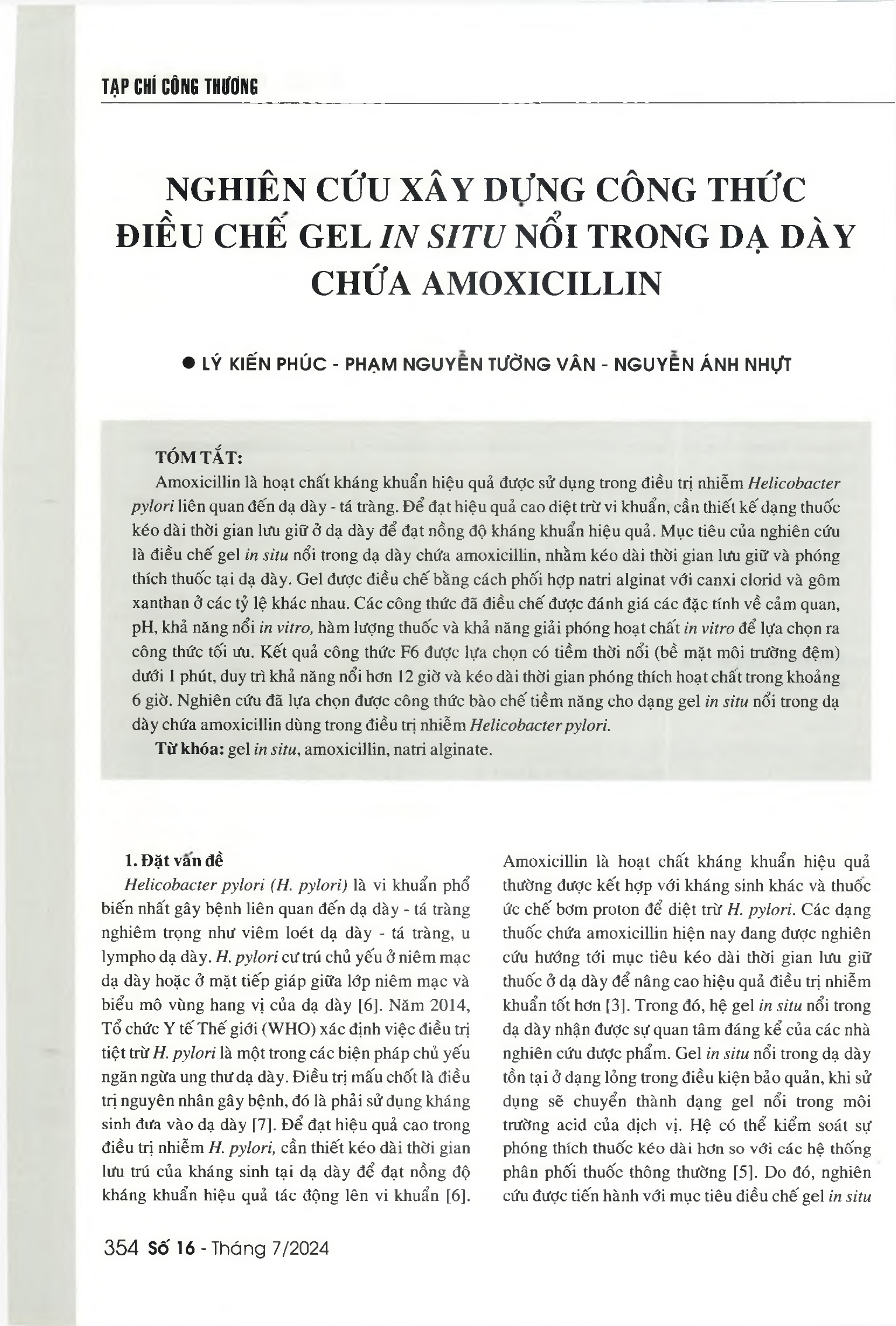 Nghiên cứu xây dựng công thức điều chế gel in situ nổi trong dạ dày chứa amoxicillin