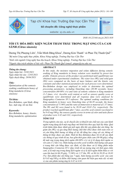 Tối ưu hóa điều kiện ngâm thẩm thấu trong mật ong của cam Sành (Citrus sinensis)