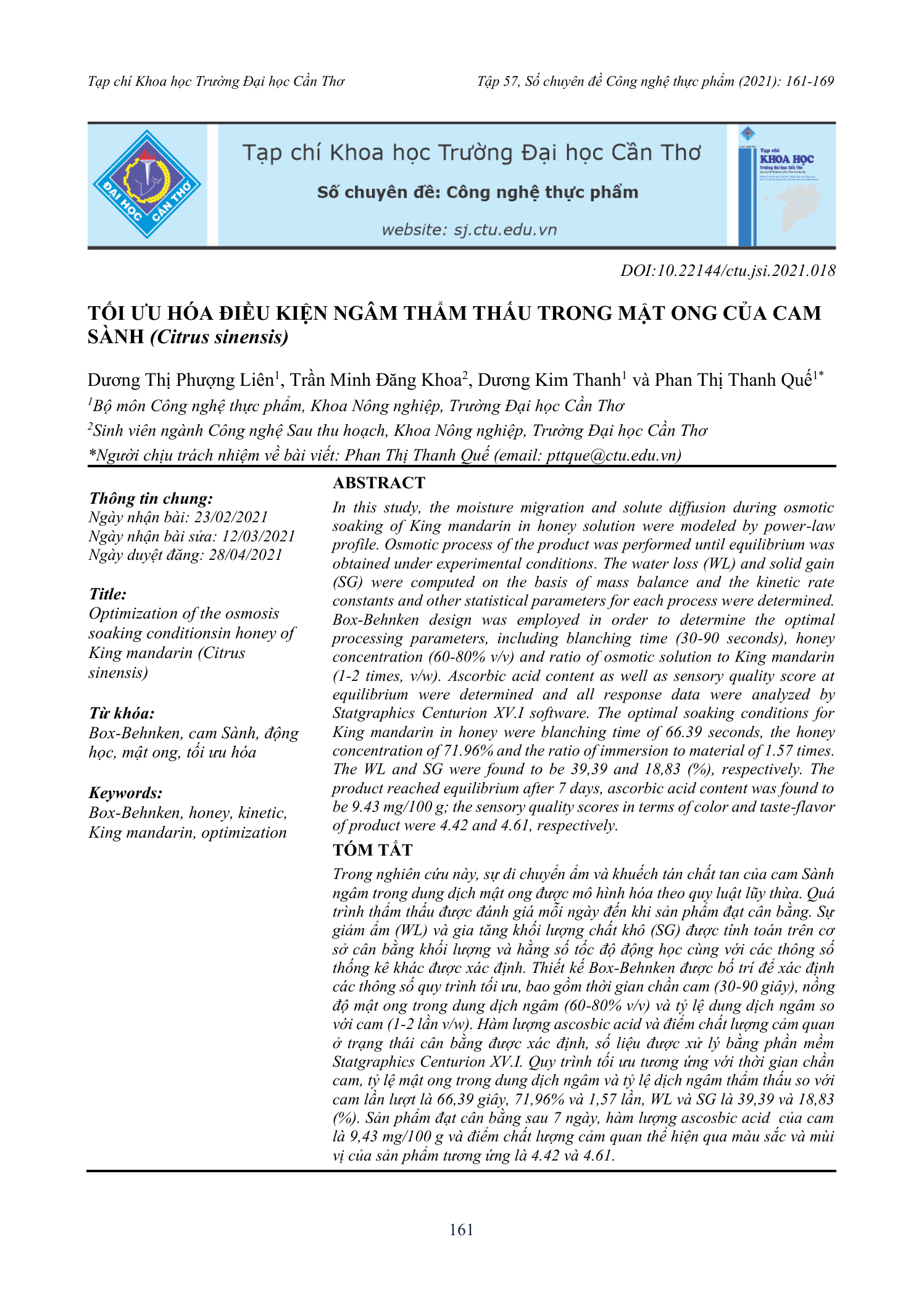Tối ưu hóa điều kiện ngâm thẩm thấu trong mật ong của cam Sành (Citrus sinensis)