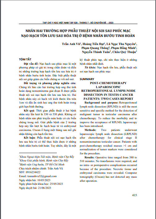 Nhân hai trường hợp phẫu thuật nội soi sau phúc mạc nạo hạch tồn lưu sau hóa trị ở bệnh nhân bướu tinh hoàn
