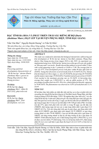 Đặc tính ra hoa và phát triển trái sầu riêng Bí Rợ (Durio zibethinus Murr.) hạt lép tại huyện Phụng Hiệp, tỉnh Hậu Giang