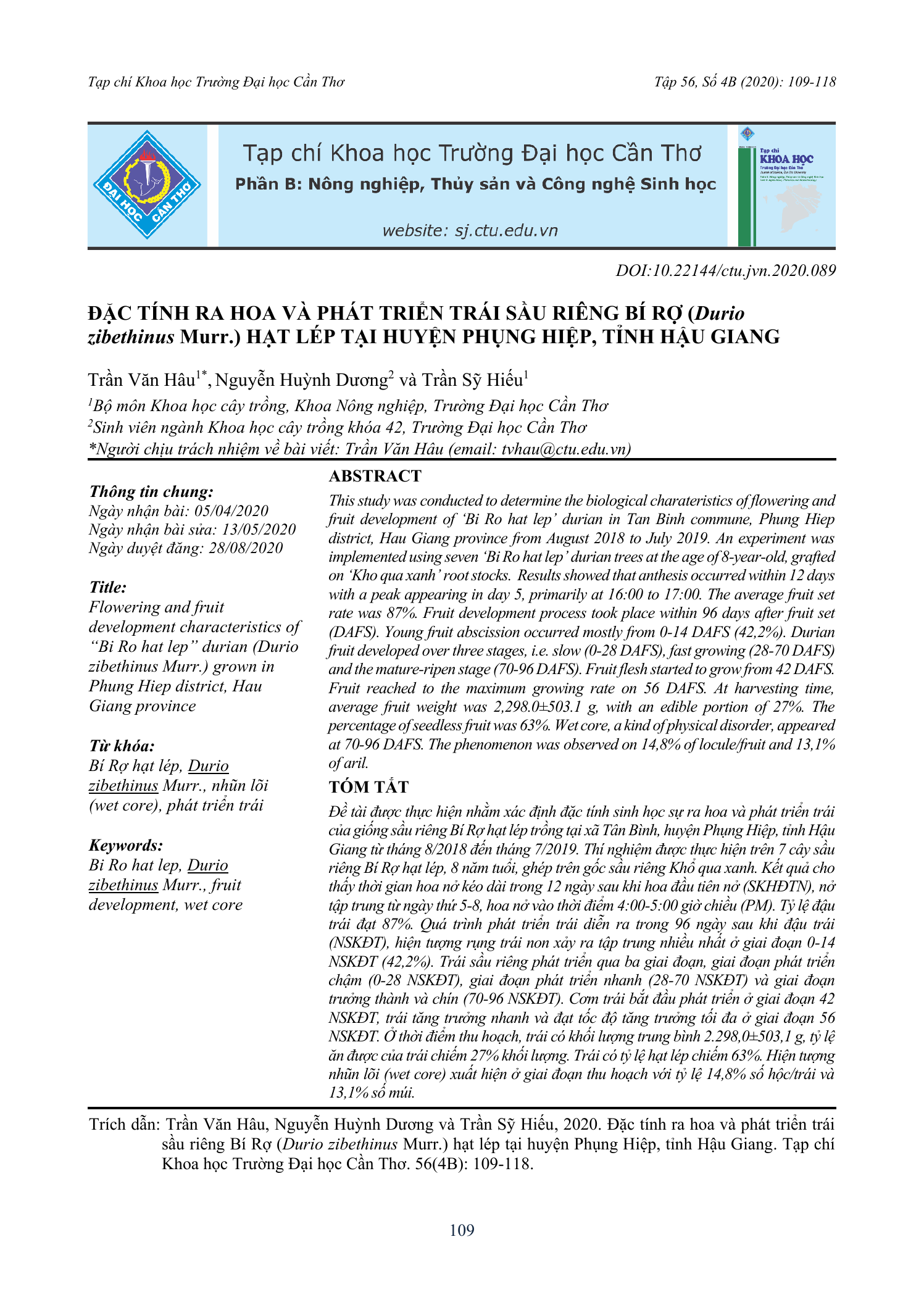 Đặc tính ra hoa và phát triển trái sầu riêng Bí Rợ (Durio zibethinus Murr.) hạt lép tại huyện Phụng Hiệp, tỉnh Hậu Giang