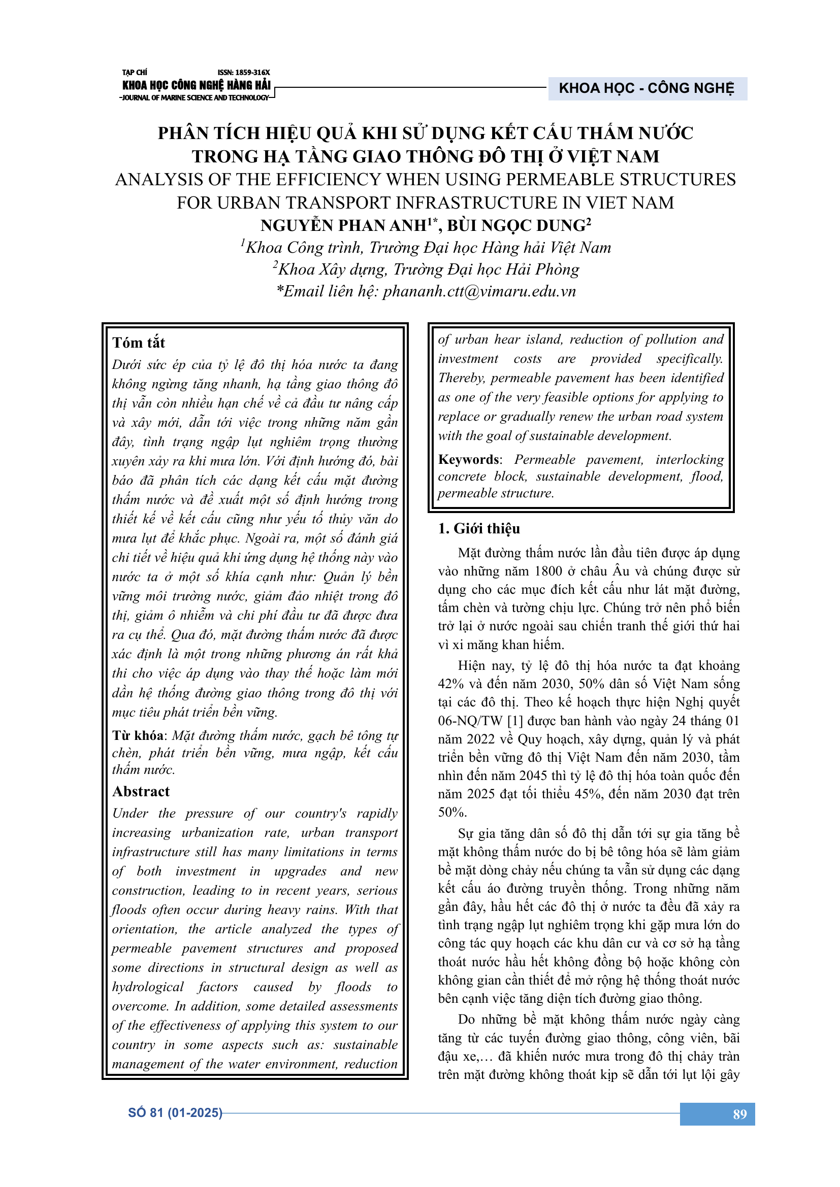 Phân tích hiệu quả khi sử dụng kết cấu thấm nước trong hạ tầng giao thông đô thị ở Việt Nam