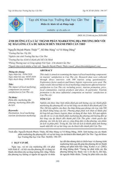 Ảnh hưởng của các thành phần marketing địa phương đối với sự hài lòng của du khách đến thành phố Cần Thơ