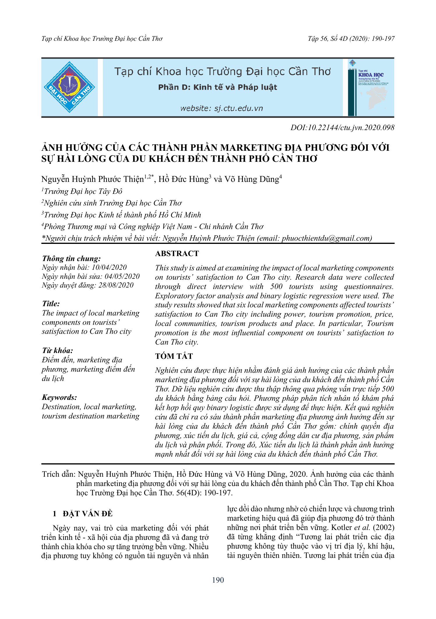 Ảnh hưởng của các thành phần marketing địa phương đối với sự hài lòng của du khách đến thành phố Cần Thơ