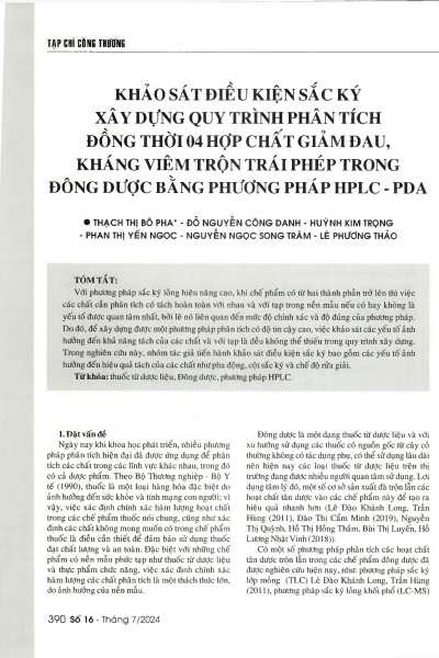 Khảo sát điều kiện sắc ký xây dựng quy trình phân tích đồng thời 04 hợp chất giảm đau, kháng viêm trộn trái phép trong Đông dược bằng phương pháp HPLC-PDA