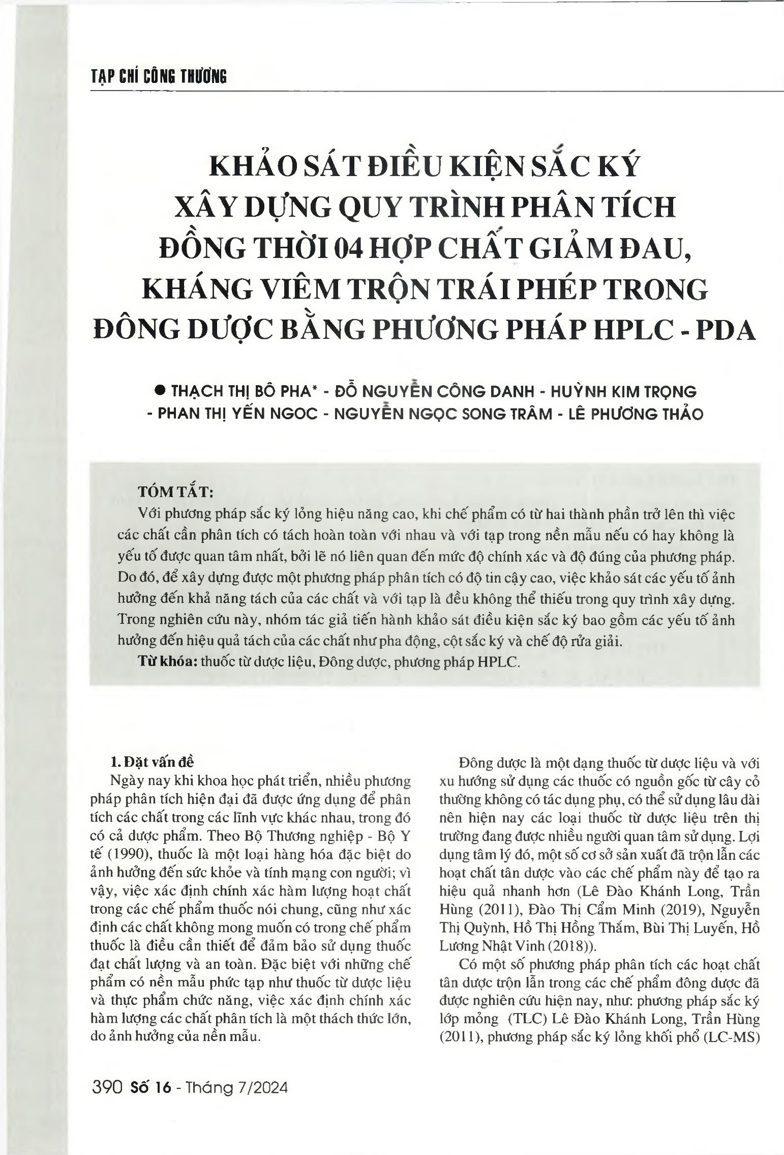 Khảo sát điều kiện sắc ký xây dựng quy trình phân tích đồng thời 04 hợp chất giảm đau, kháng viêm trộn trái phép trong Đông dược bằng phương pháp HPLC-PDA