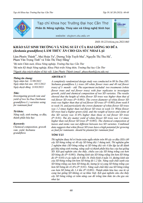 Khảo sát sinh trưởng và năng suất của hai giống so đũa (Sesbania grandiflora) làm thức ăn cho gia súc nhai lại
