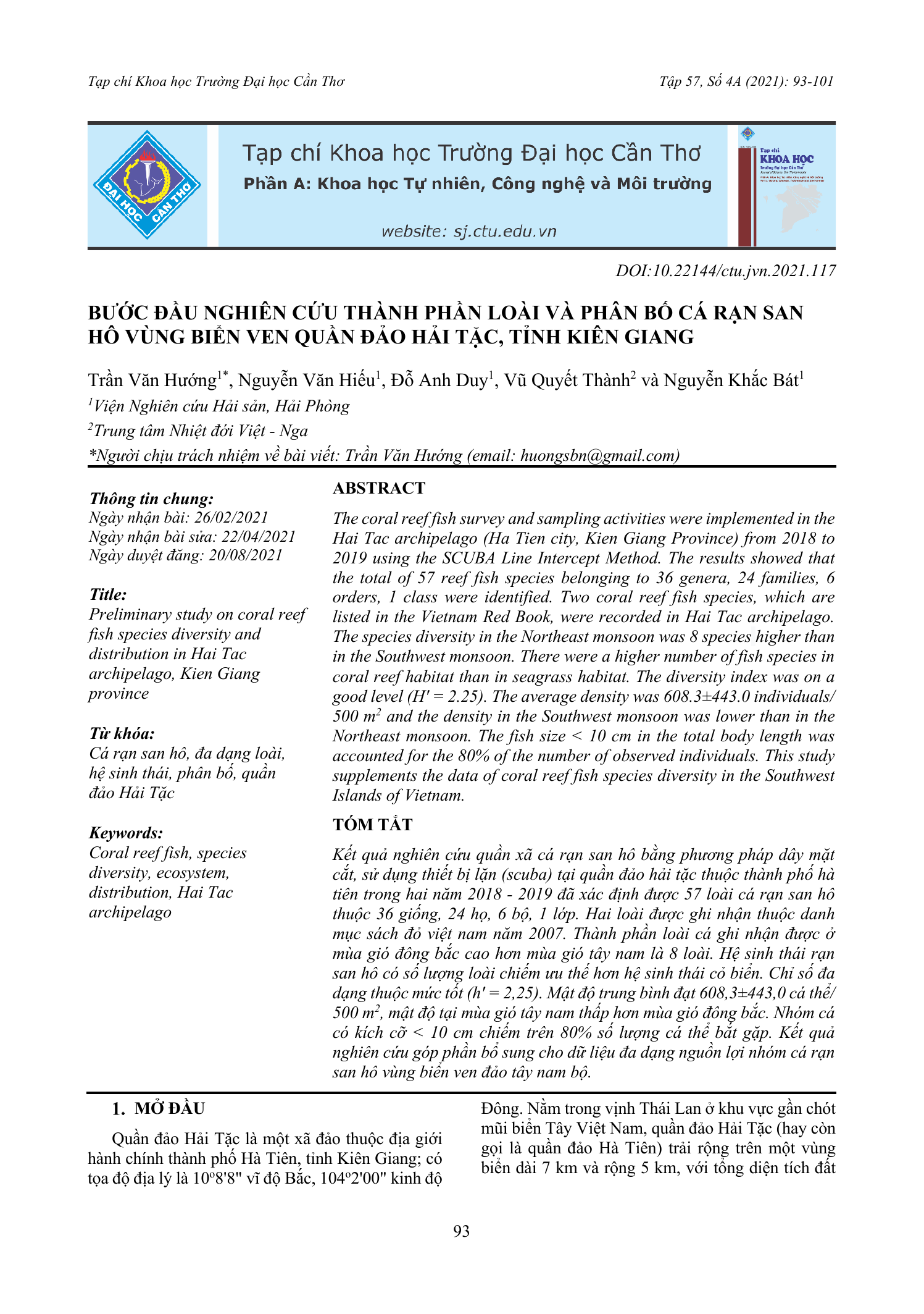 Bước đầu nghiên cứu thành phần loài và phân bố cá rạn san hô vùng biển ven quần đảo Hải Tặc, tỉnh Kiên Giang