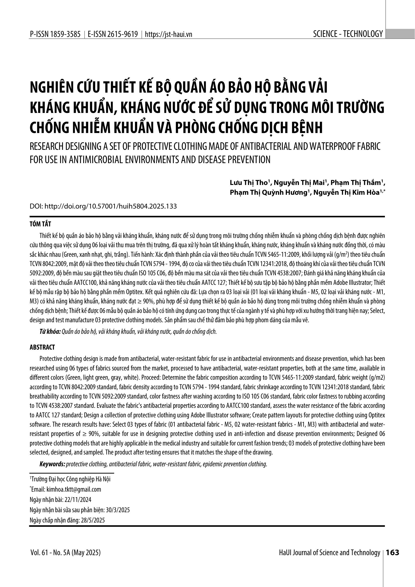 Nghiên cứu thiết kế bộ quần áo bảo hộ bằng vải kháng khuẩn, kháng nước để sử dụng trong môi trường chống nhiễm khuẩn và phòng chống dịch bệnh