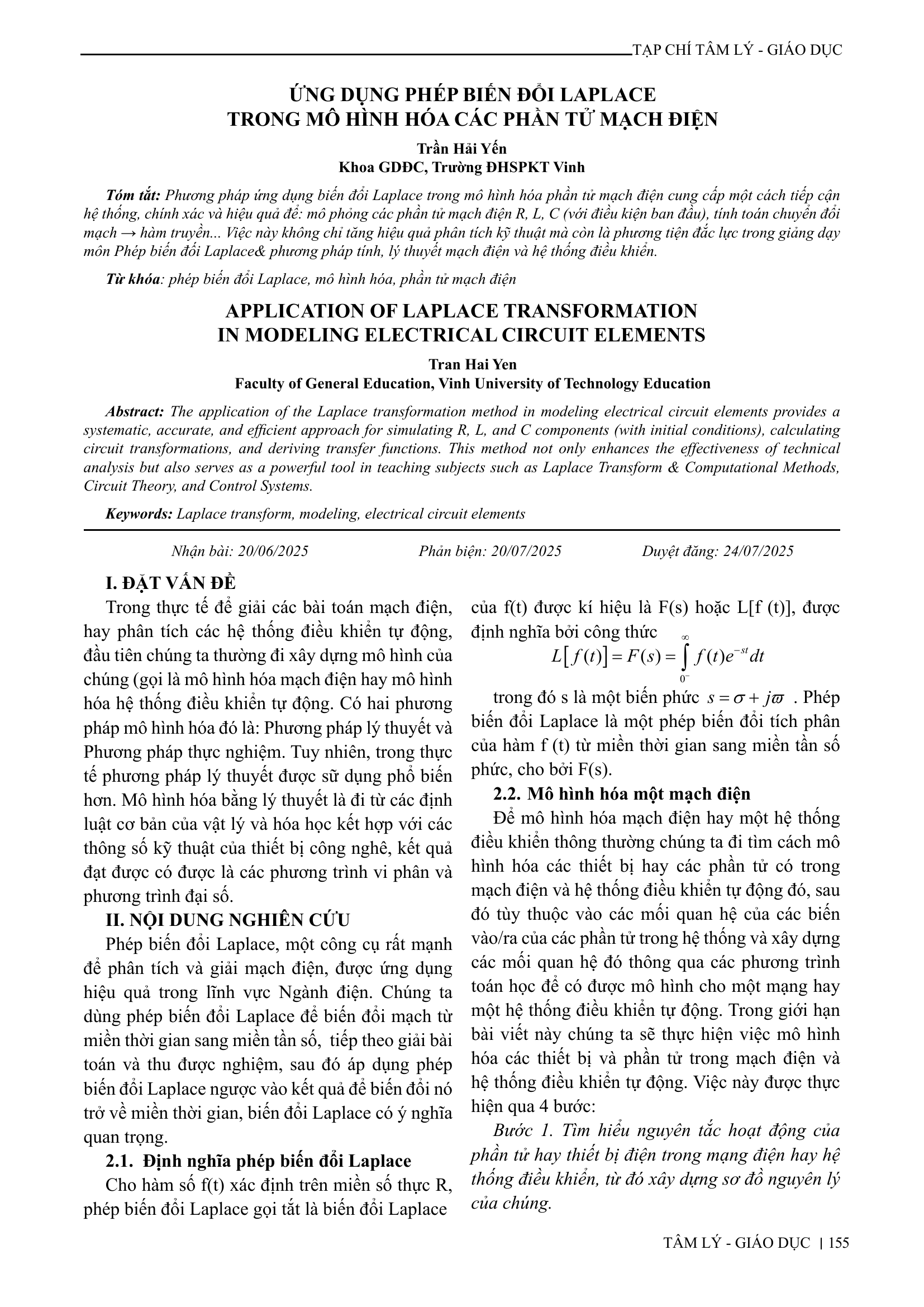 Ứng dụng phép biến đổi Laplace trong mô hình hóa các phần tử mạch điện