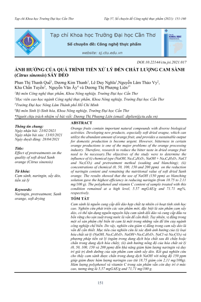 Ảnh hưởng của quá trình tiền xử lý đến chất lượng cam sành (Citrus sinensis) sấy dẻo