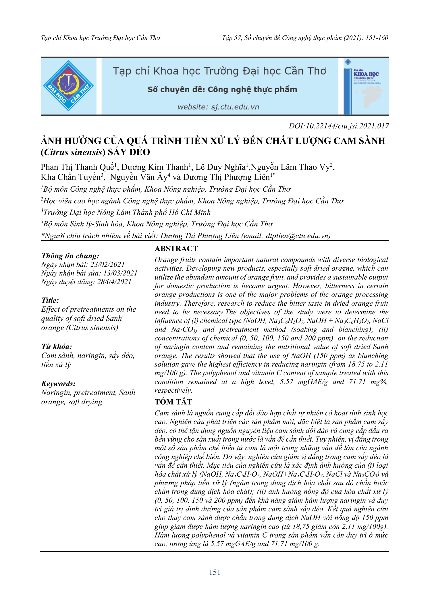 Ảnh hưởng của quá trình tiền xử lý đến chất lượng cam sành (Citrus sinensis) sấy dẻo