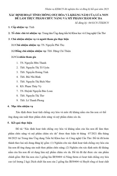 Xác định hoạt tính chống oxy hóa và kháng nấm của lúa non để làm thực phẩm chức năng và mỹ phẩm chăm sóc da (2023)