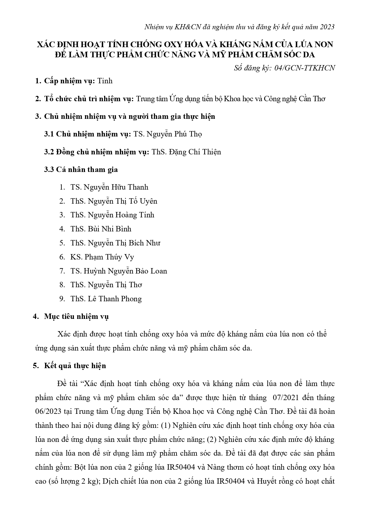 Xác định hoạt tính chống oxy hóa và kháng nấm của lúa non để làm thực phẩm chức năng và mỹ phẩm chăm sóc da (2023)
