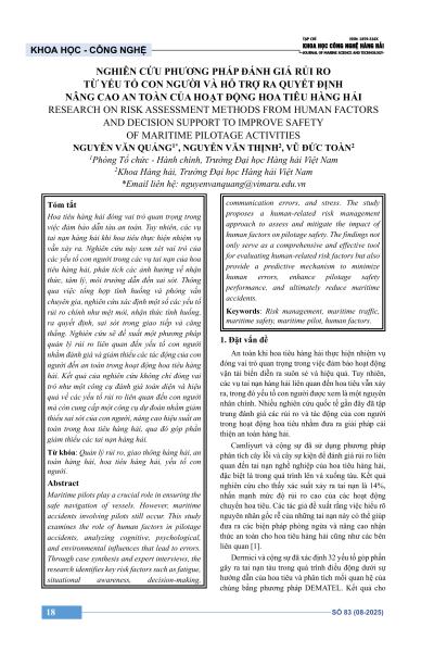 Nghiên cứu phương pháp đánh giá rủi ro từ yếu tố con người và hỗ trợ ra quyết định nâng cao an toàn của hoạt động hoa tiêu hàng hải