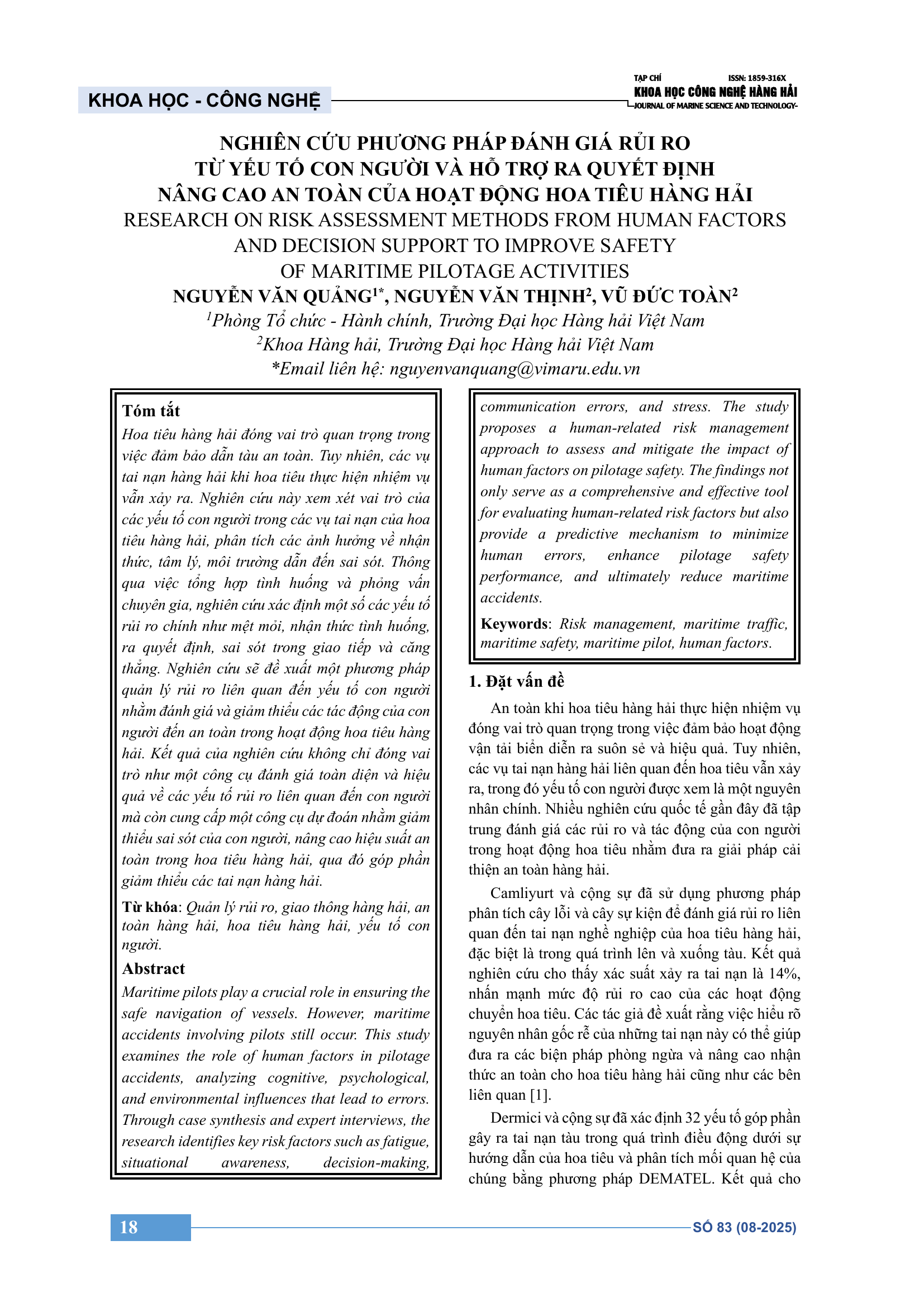 Nghiên cứu phương pháp đánh giá rủi ro từ yếu tố con người và hỗ trợ ra quyết định nâng cao an toàn của hoạt động hoa tiêu hàng hải