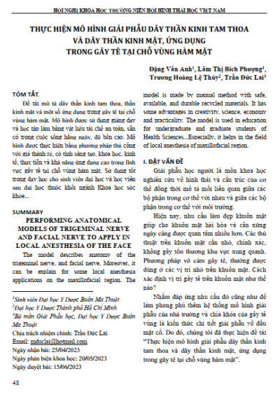 Thực hiện mô hình giải phẫu dây thần kinh tam thoa và dây thần kinh mặt, ứng dụng trong gây tê tại chỗ vùng hàm mặt